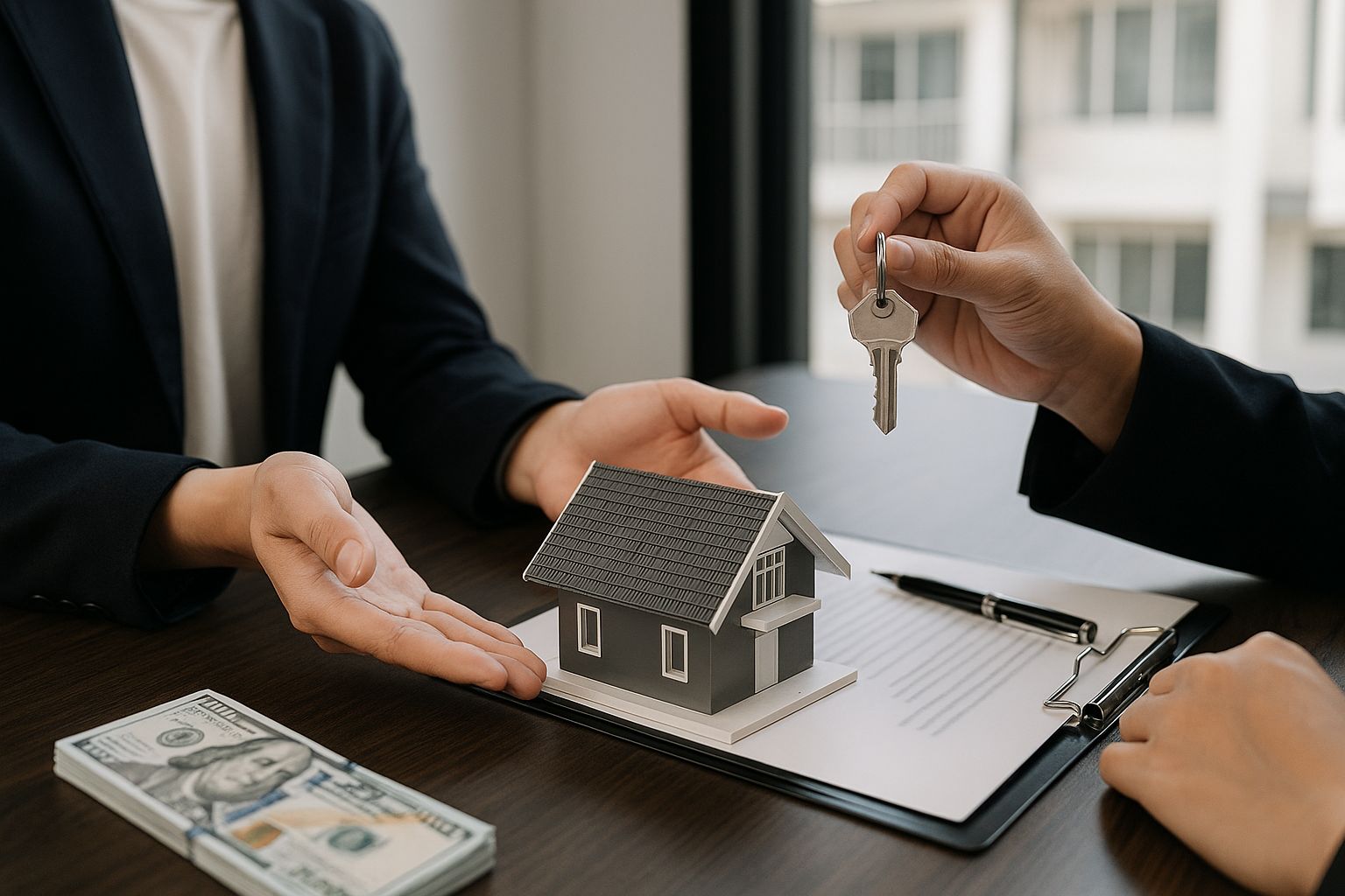 Schlüsselübergabe über Hausmodell als Symbol für den Ankauf und langfristige Bewirtschaftung von Bestandsimmobilien